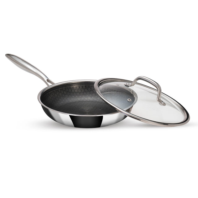 Stainless Steel Triply Frypan 24 cm (1.8 Ltr) Etched Nonstick with Rivetless Stay Cool Handle + Vented Glass Lid