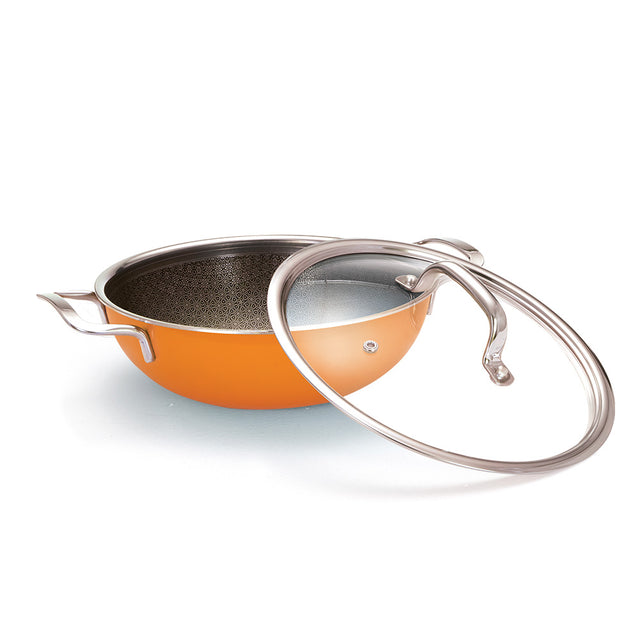 Stainless Steel Triply Kadhai 24 cm (2.7 Ltr) Etched Nonstick with Rivetless Stay Cool Handle + Vented Glass Lid