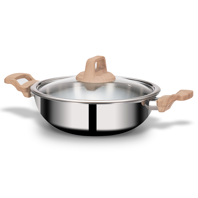 Stainless Steel Triply Kadhai 24 cm (2.7 Ltr) with Wood Finish Rivetless Stay Cool Handle + Vented Glass Lid