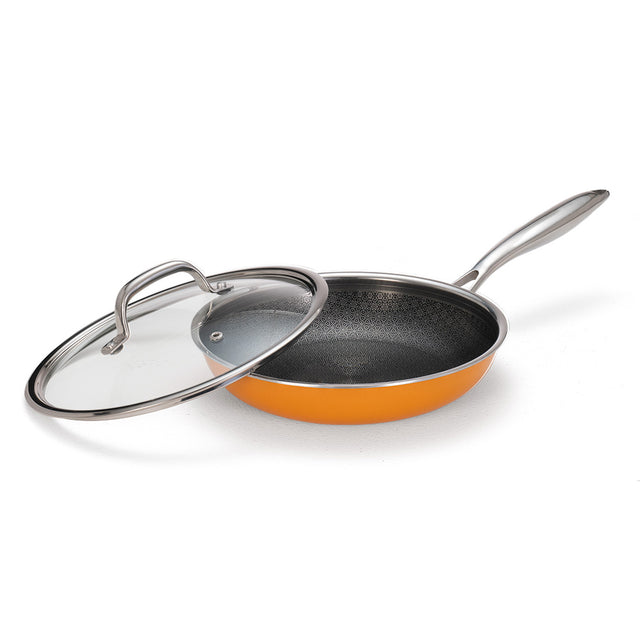 Stainless Steel Triply Frypan 24 cm (1.8 Ltr) Etched Nonstick with Rivetless Stay Cool Handle + Vented Glass Lid