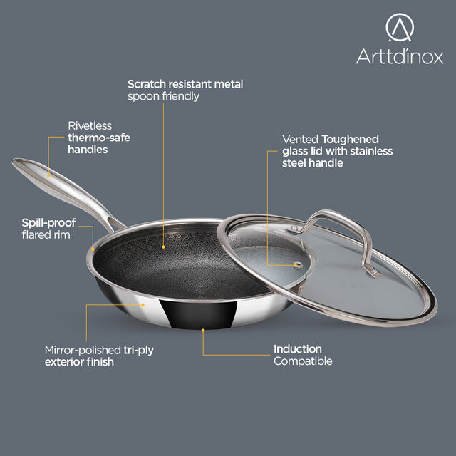 Stainless Steel Triply Frypan 26 cm (2.1 Ltr) Etched Nonstick with Rivetless Stay Cool Handle + Vented Glass Lid