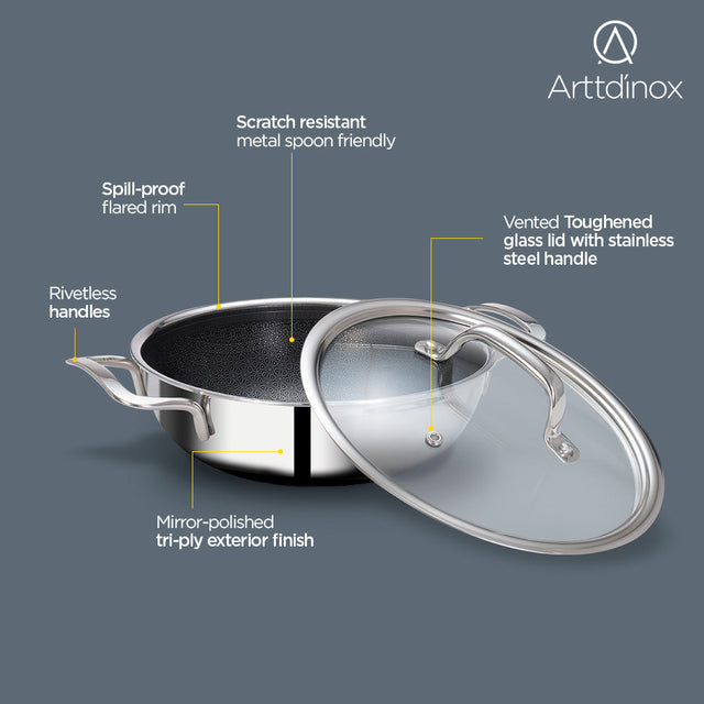 Stainless Steel Triply Kadhai 24 cm (2.7 Ltr) Etched Nonstick with Rivetless Stay Cool Handle + Vented Glass Lid