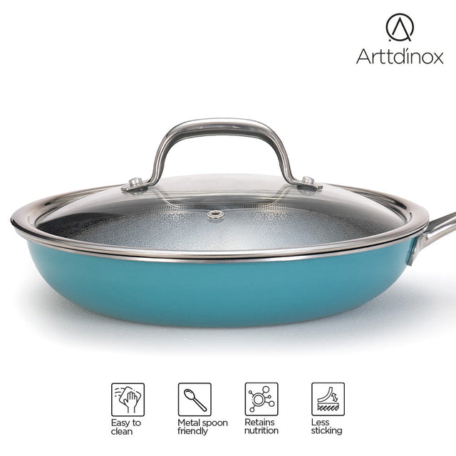 Stainless Steel Triply Teal Frypan 24 cm (1.8 Ltr) Etched Nonstick with Rivetless Stay Cool Handle + Vented Glass Lid