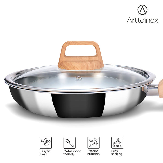 Stainless Steel Triply Frypan 24 cm (1.8 Ltr) with Wood Finish Rivetless Stay Cool Handle + Vented Glass Lid