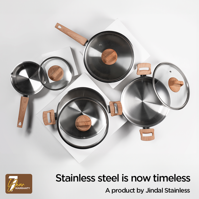 Stainless Steel Triply Kadhai 24 cm (2.7 Ltr) with Wood Finish Rivetless Stay Cool Handle + Vented Glass Lid