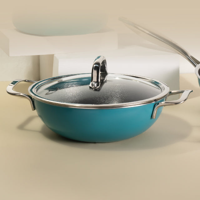 Stainless Steel Triply Kadhai 24 cm (2.7 Ltr) Etched Nonstick with Rivetless Stay Cool Handle + Vented Glass Lid