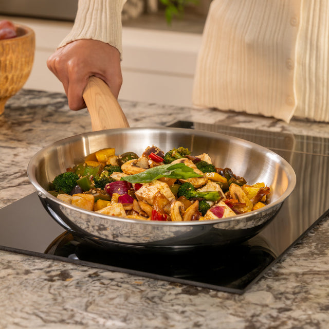 Stainless Steel Triply Frypan 24 cm (1.8 Ltr) with Wood Finish Rivetless Stay Cool Handle + Vented Glass Lid