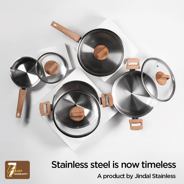Stainless Steel Triply Frypan 24 cm (1.8 Ltr) with Wood Finish Rivetless Stay Cool Handle + Vented Glass Lid