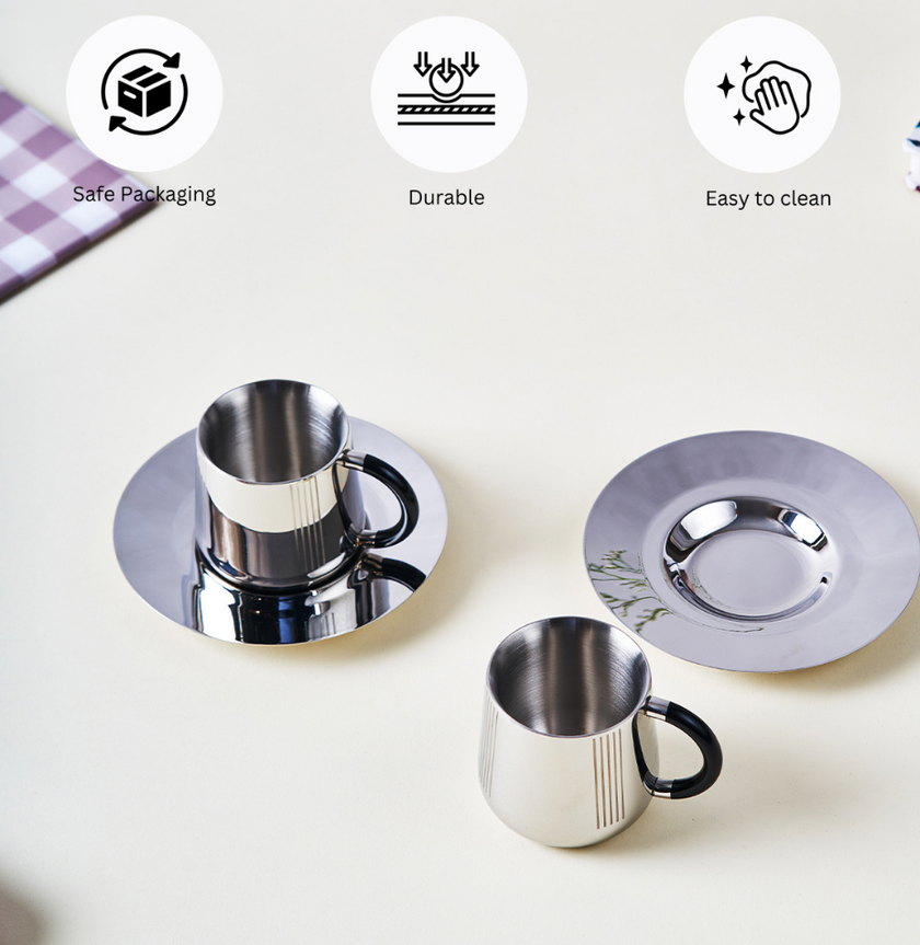 Buy Stainless Steel Cup and Saucer Set Online | Arttd'inox