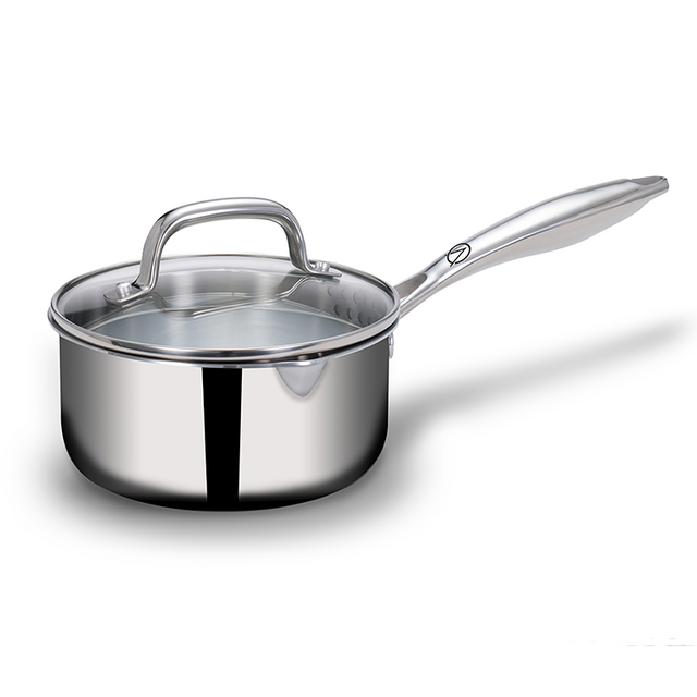 Stainless Steel Triply Saucepan 16 cm (1.5 Ltr) with Rivetless Stay Cool Handle + Vented Glass Lid