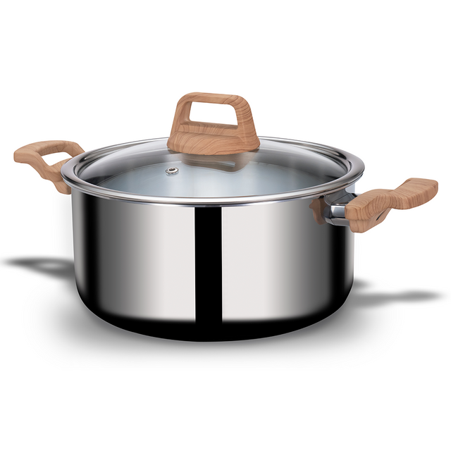Stainless Steel Triply Pot 25 cm (5 Ltr) with Wood Finish Rivetless Stay Cool Handle + Vented Glass Lid