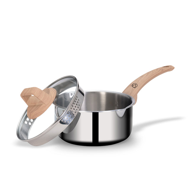 Stainless Steel Triply Saucepan 16 cm (1.5 Ltr) with Wood Finish Rivetless Stay Cool Handle + Vented Glass Lid