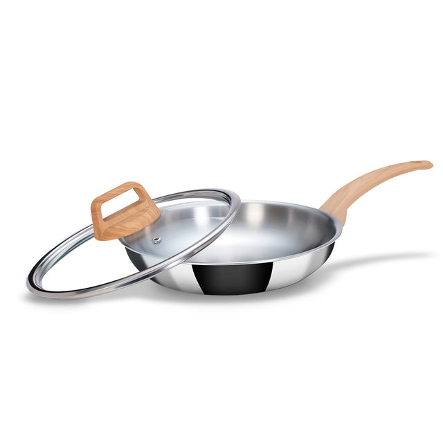 Stainless Steel Triply Frypan 24 cm (1.8 Ltr) with Wood Finish Rivetless Stay Cool Handle + Vented Glass Lid