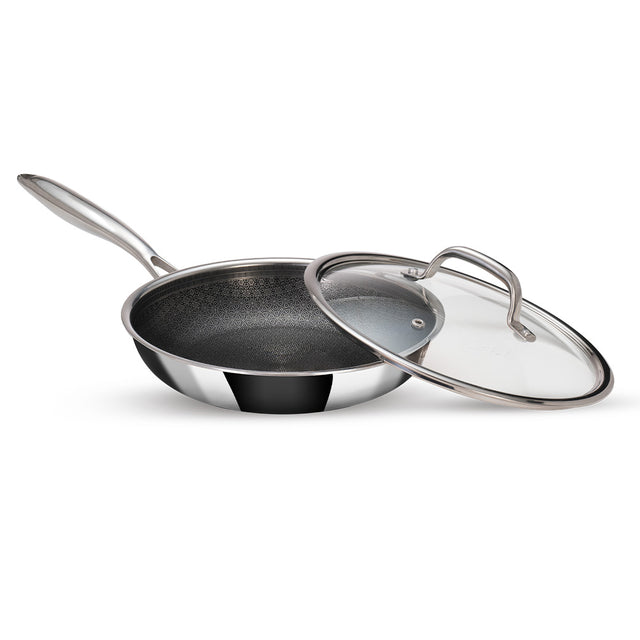 Stainless Steel Triply Frypan 26 cm (2.1 Ltr) Etched Nonstick with Rivetless Stay Cool Handle + Vented Glass Lid