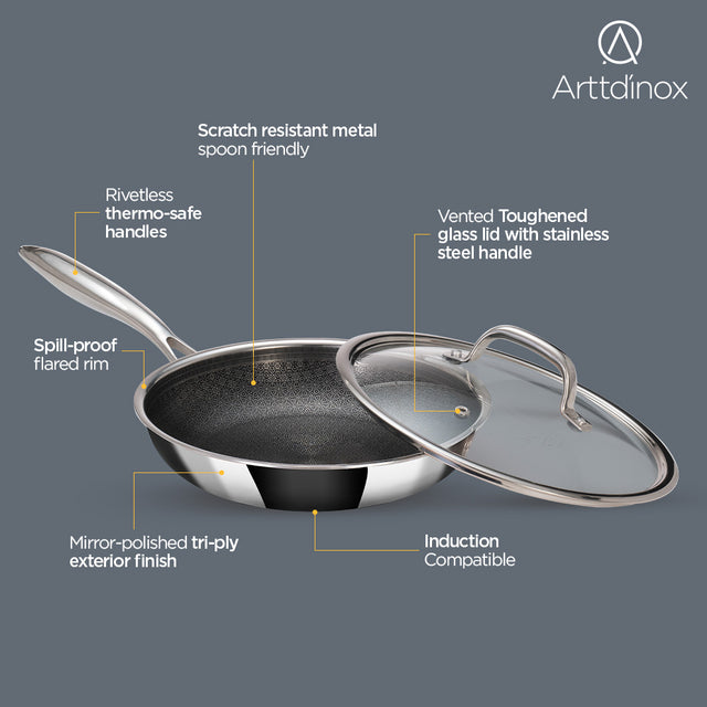 Stainless Steel Triply Frypan 22 cm (1.5 Ltr) Etched Nonstick with Rivetless Stay Cool Handle + Vented Glass Lid