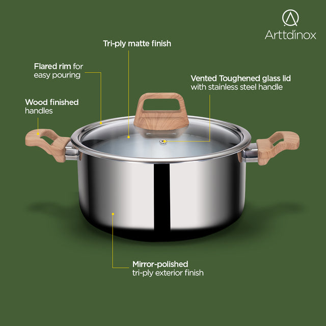 Stainless Steel Triply Pot 18 cm (2 Ltr) with Wood Finish Rivetless Stay Cool Handle + Vented Glass Lid