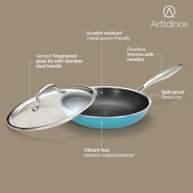 Stainless Steel Triply Teal Frypan 24 cm (1.8 Ltr) Etched Nonstick with Rivetless Stay Cool Handle + Vented Glass Lid