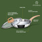 Stainless Steel Triply Frypan 24 cm (1.8 Ltr) with Wood Finish Rivetless Stay Cool Handle + Vented Glass Lid