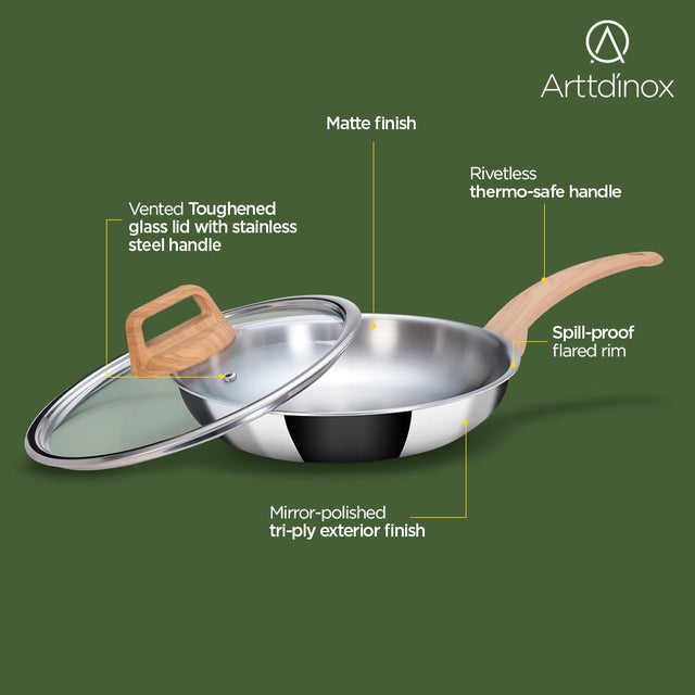 Stainless Steel Triply Frypan 24 cm (1.8 Ltr) with Wood Finish Rivetless Stay Cool Handle + Vented Glass Lid
