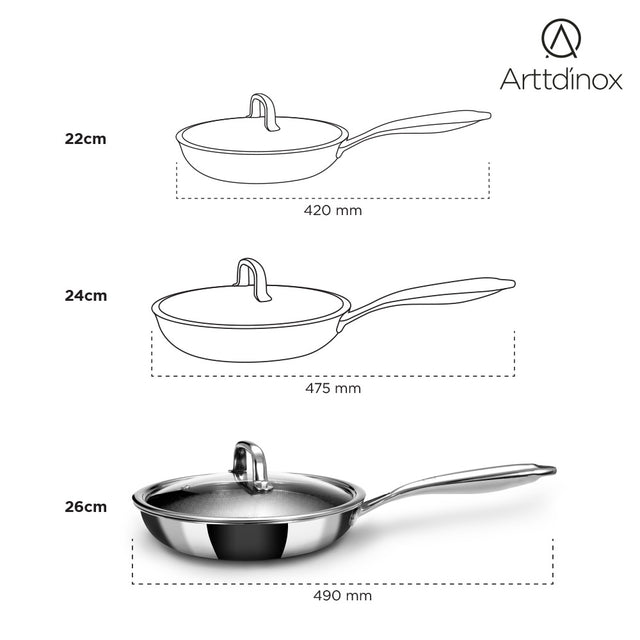 Stainless Steel Triply Frypan 24 cm (1.8 Ltr) Etched Nonstick with Rivetless Stay Cool Handle + Vented Glass Lid