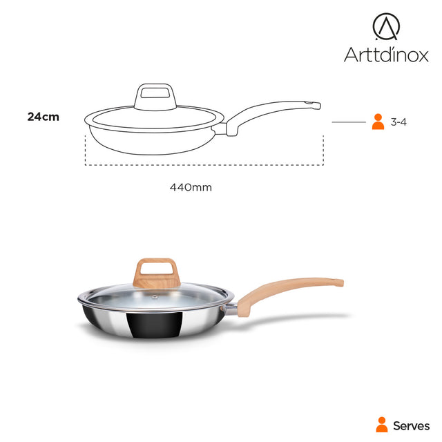 Stainless Steel Triply Frypan 24 cm (1.8 Ltr) with Wood Finish Rivetless Stay Cool Handle + Vented Glass Lid