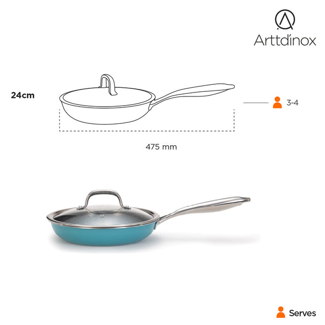 Stainless Steel Triply Teal Frypan 24 cm (1.8 Ltr) Etched Nonstick with Rivetless Stay Cool Handle + Vented Glass Lid