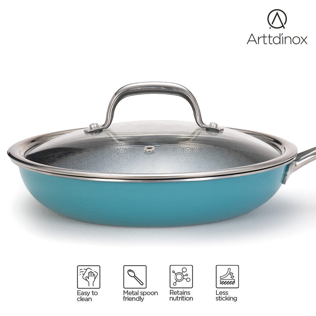 Stainless Steel Triply Teal Frypan 24 cm (1.8 Ltr) Etched Nonstick with Rivetless Stay Cool Handle + Vented Glass Lid