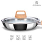 Stainless Steel Triply Frypan 24 cm (1.8 Ltr) with Wood Finish Rivetless Stay Cool Handle + Vented Glass Lid