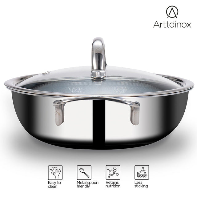 Stainless Steel Triply Kadhai 24 cm (2.7 Ltr) Etched Nonstick with Rivetless Stay Cool Handle + Vented Glass Lid