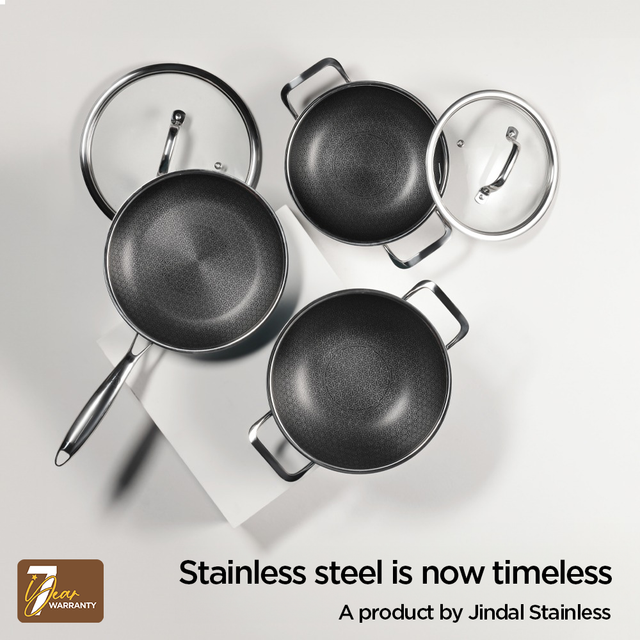 Stainless Steel Triply Kadhai 24 cm (2.7 Ltr) Etched Nonstick with Rivetless Stay Cool Handle + Vented Glass Lid